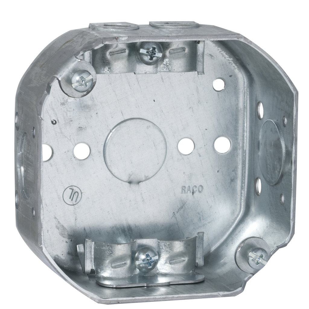4 in. Octagon Box, Drawn, 1-1/2 in. Deep, Three 1/2 in. KO's & NMSC Clamps, Side Holes, 1/8 in. and 1/4 in