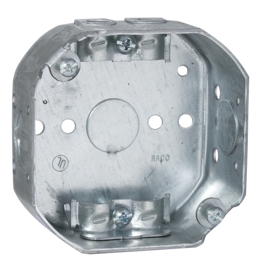 4 in. Octagon Box, Drawn, 1-1/2 in. Deep, Three 1/2 in. KO's & NMSC Clamps, Side Holes, 1/8 in. and 1/4 in