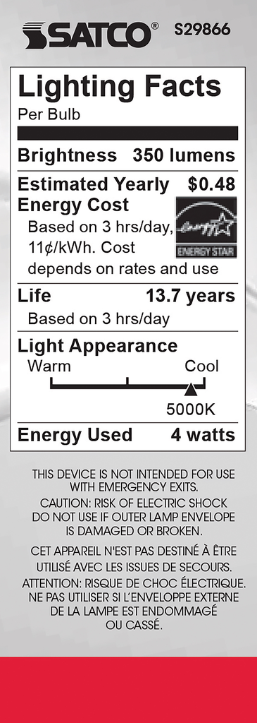 4 Watt B11 LED; Clear; Candelabra base; 5000K; 350 Lumens; 120 Volt