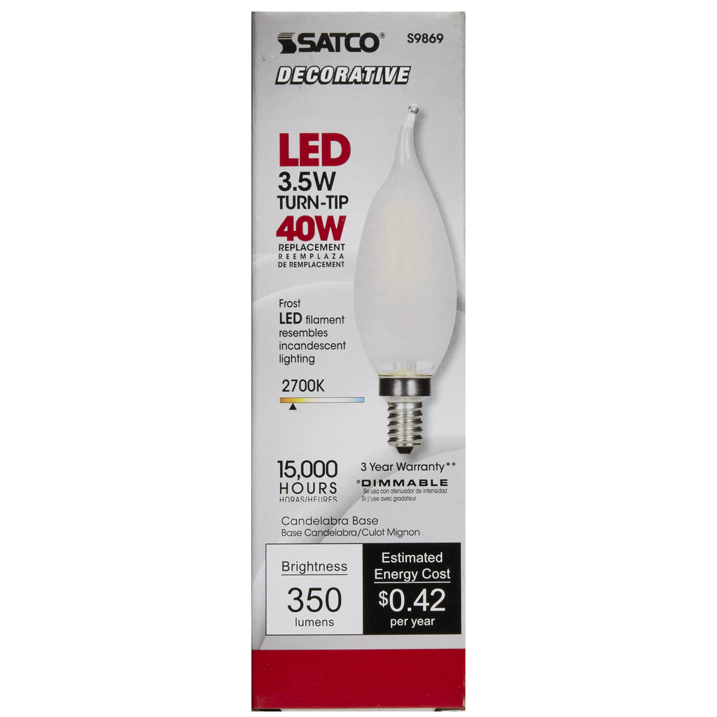 3.5 Watt CFC LED; Frosted; Candelabra base; 2700K; 350 Lumens; 120 Volt