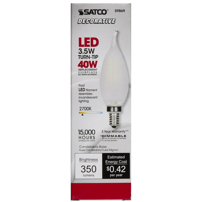 3.5 Watt CFC LED; Frosted; Candelabra base; 2700K; 350 Lumens; 120 Volt