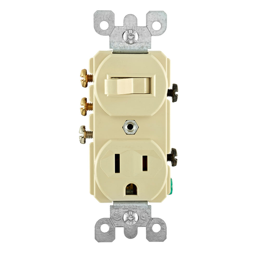 15 Amp, 120 Volt, Duplex Style 3-Way / 5-15R AC Combination Switch, Commercial Grade, Grounding, Side Wired, Ivory
