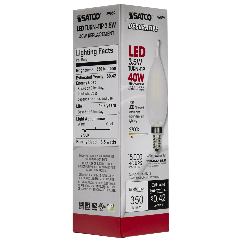 3.5 Watt CFC LED; Frosted; Candelabra base; 2700K; 350 Lumens; 120 Volt