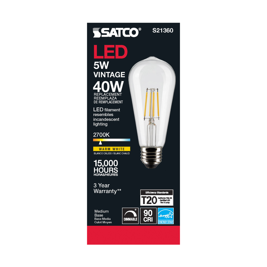 5 Watt ST19 LED; Clear; Medium base; 90 CRI; 2700K; 120 Volt