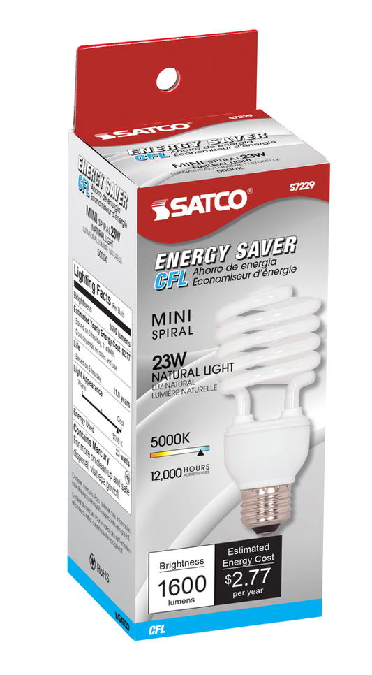 23 Watt; Mini Spiral Compact Fluorescent; 5000K; 82 CRI; Medium base; 120 Volt