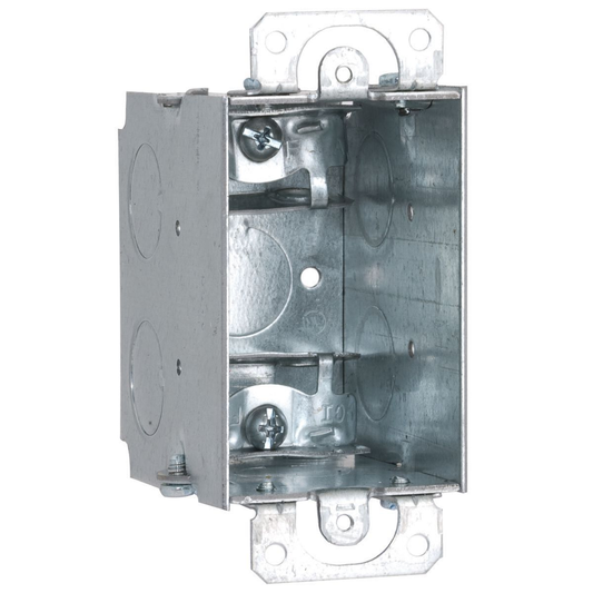 3 in. x 2 in. Switch Box, Gangable, 2-3/4 in Deep, Three 1/2 KO's & AC/MC/Flex Clamps, Plaster Ears