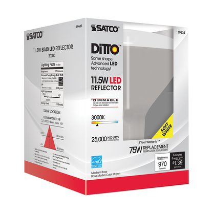 11.5 Watt; LED BR40; 3000K; 103 deg. Beam Angle; Medium base; 120 Volt; Dimmable