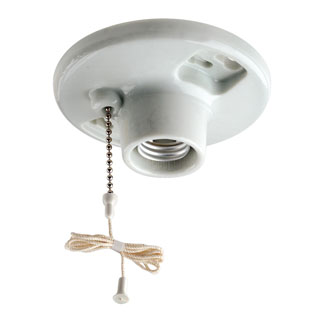 660W/250V Medium Base One-Piece Glazed Porcelain Outlet Box Mount Incandescent Lampholder, Pull Chain, Single Circuit, Top Wired - White