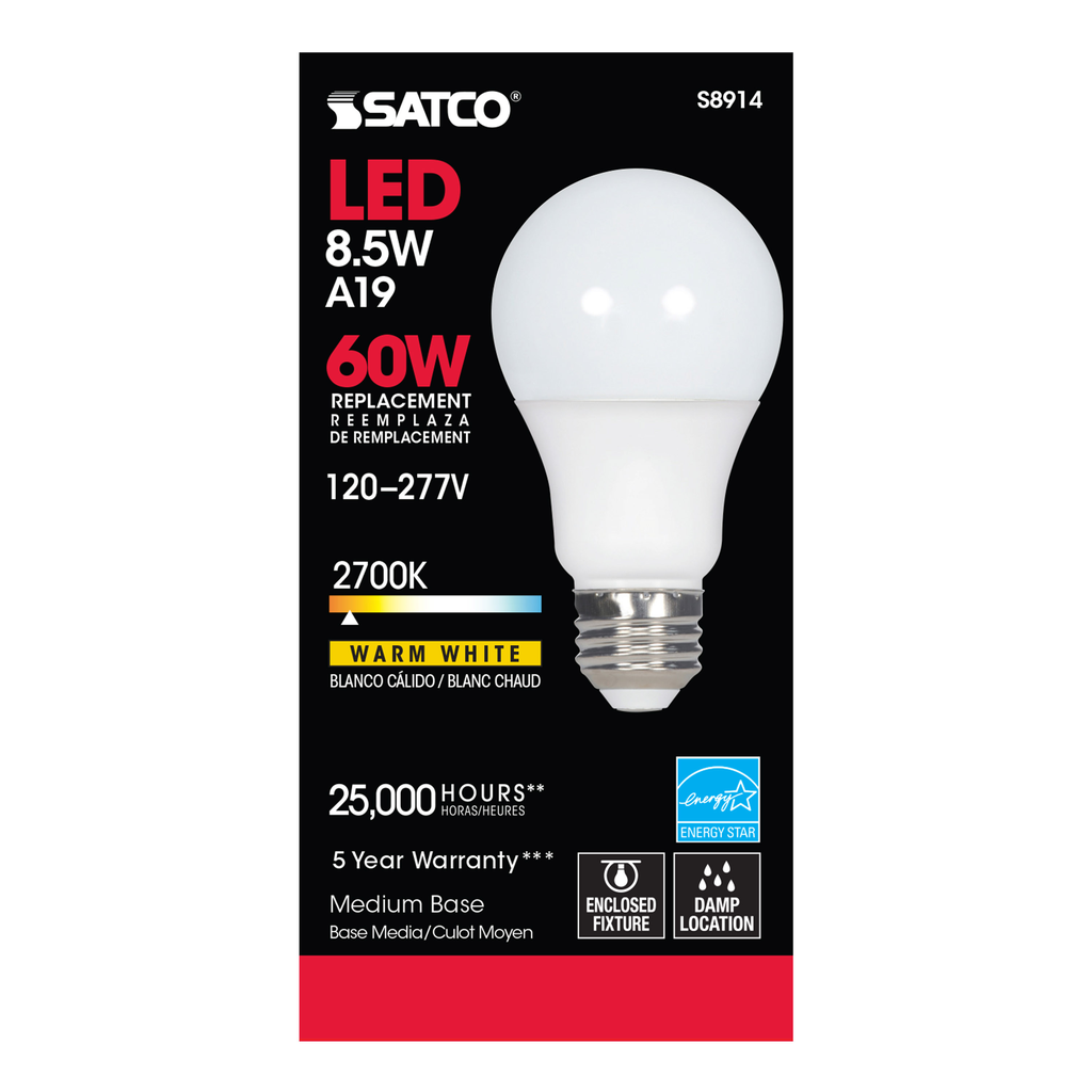 8.5 Watt; A19 LED; 2700K; Medium base; 220 deg. Beam Angle; 120-277 Volt