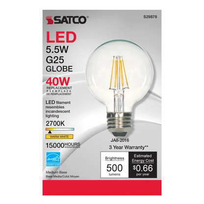 5.5 Watt G25 LED; Clear; Medium base; 2700K; 500 Lumens; 120 Volt