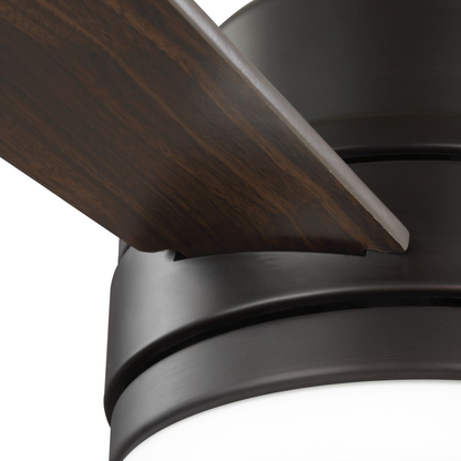 Architectural bronze 52" 3-blade ceiling fan with white opal shades.