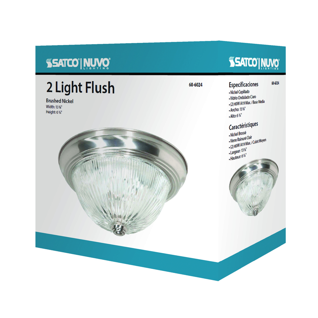 2 Light - 13" - Flush Mount - Clear Ribbed Glass, Color retail packaging