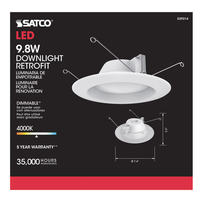 9.8 watt LED Downlight Retrofit; 5 - 6"; 4000K; Dimmable; 120 volts