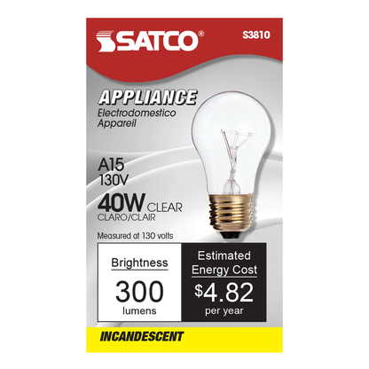 40 Watt A15 Incandescent; Clear; Appliance Lamp; 2500 Average rated hours; 300/225 Lumens; Medium base; 130/120 Volt