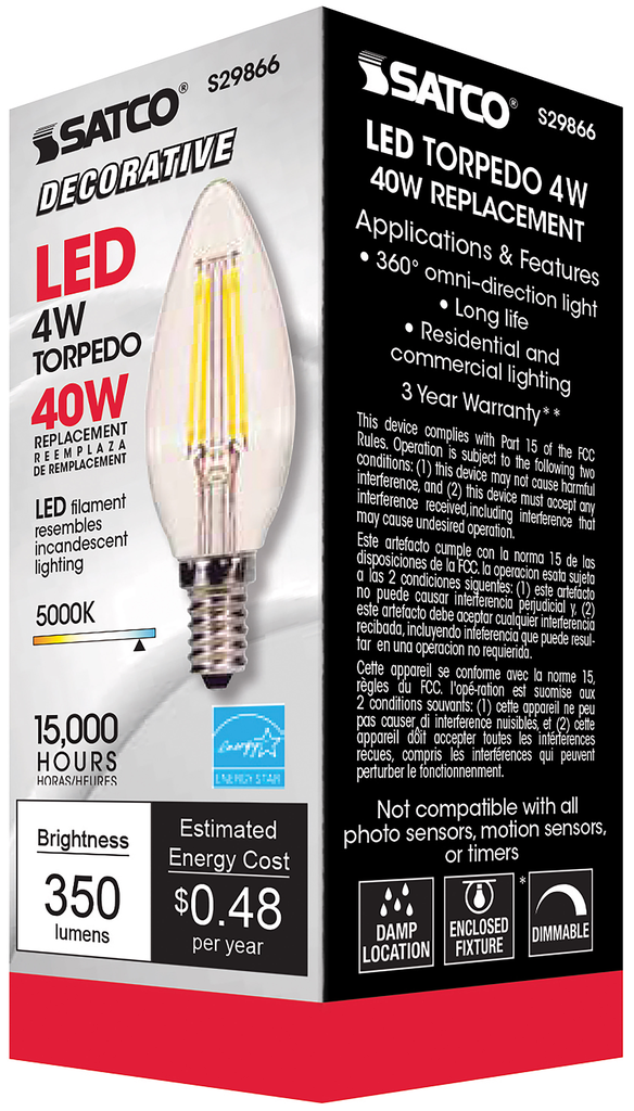 4 Watt B11 LED; Clear; Candelabra base; 5000K; 350 Lumens; 120 Volt