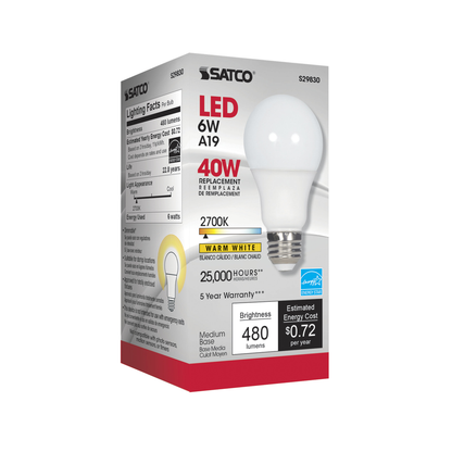 6 Watt; A19 LED; 2700K; Medium base; 220 deg. Beam Angle; 120 Volt