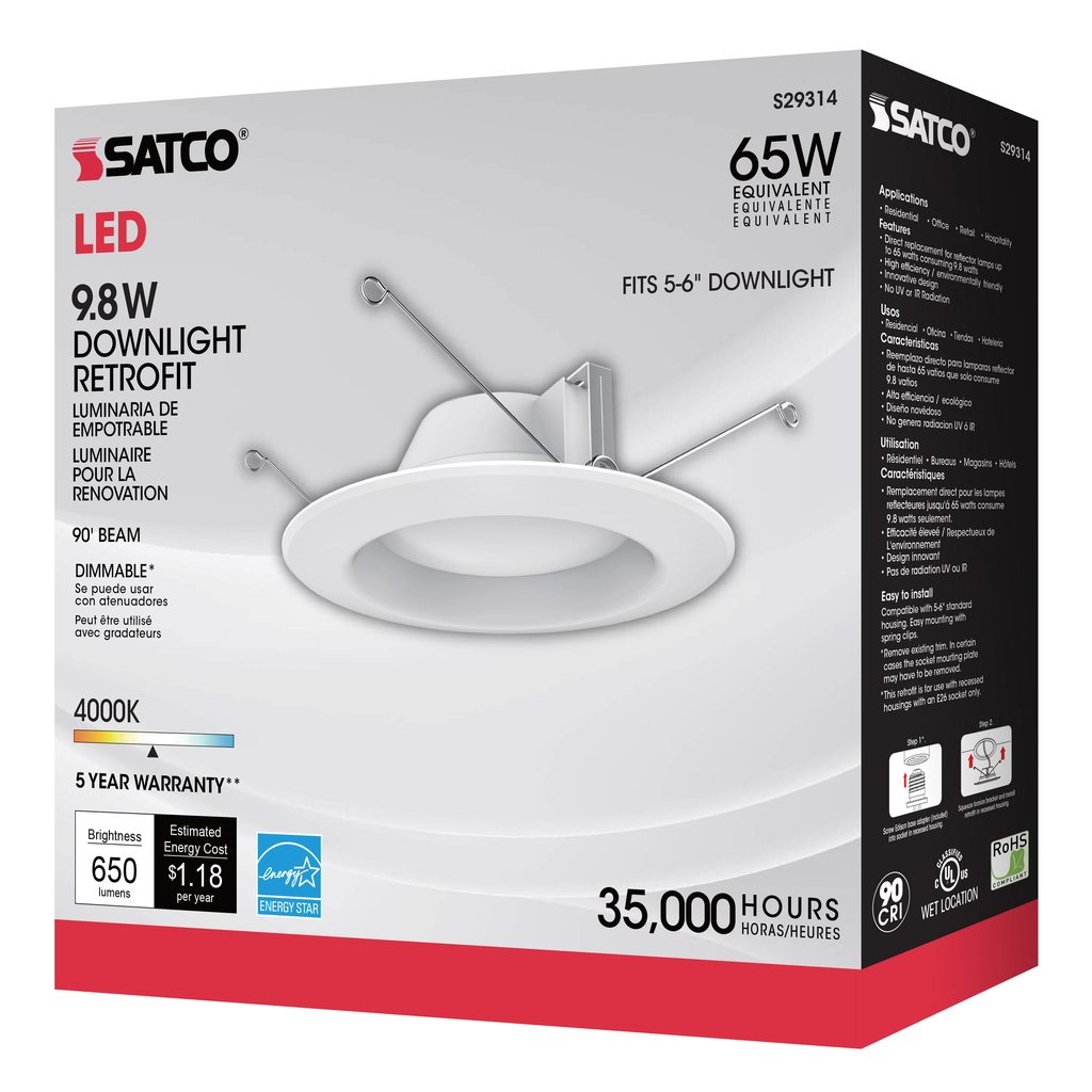 9.8 watt LED Downlight Retrofit; 5 - 6"; 4000K; Dimmable; 120 volts