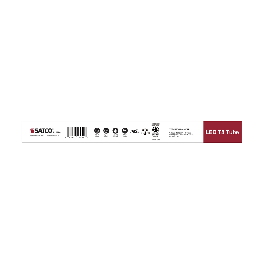 7 Watt; 18 Inch; T8 Linear LED; Medium Bi-Pin G13Base; 3000K; 50000 Average Rated Hours; 700 Lumens; Type B Ballast Bypass