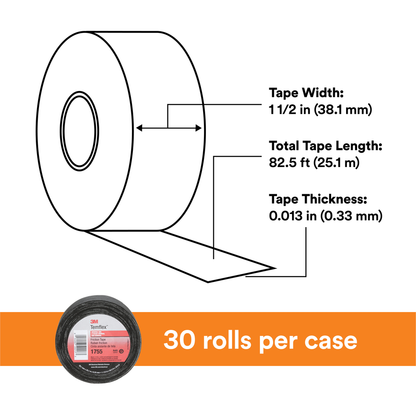 3M Temflex Cotton Friction Tape 1755, 1-1/2 in x 82-1/2 ft, Black, 30 rolls/Case
