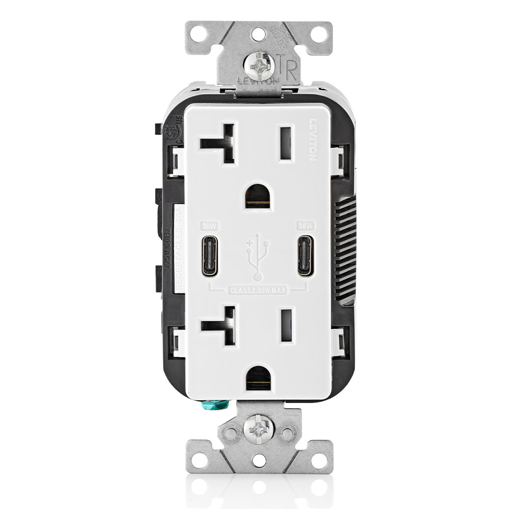 30W (6A) USB Dual Type-C/C Power Delivery Wall Outlet Charger with 20A Tamper-Resistant Outlet