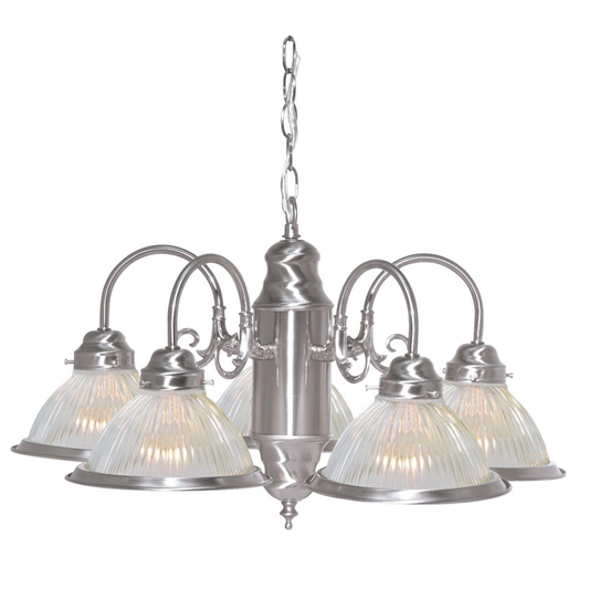 5 Light - Chandelier with Frosted Ribbed Glass - Brushed Nickel Finish