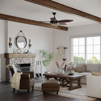Architectural bronze-finished ceiling fan with a clear seeded glass shade.