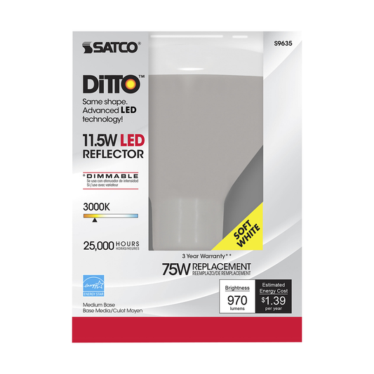 11.5 Watt; LED BR40; 3000K; 103 deg. Beam Angle; Medium base; 120 Volt; Dimmable