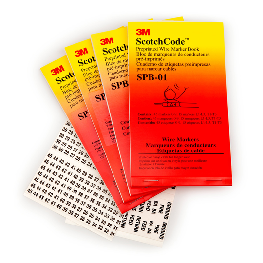 3M™ ScotchCode™ Pre-Printed Wire Marker Book SPB-04, black print on awhite background highlights the characters