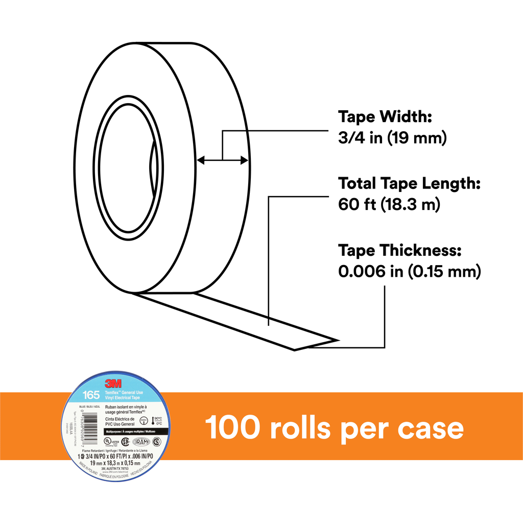 3M Temflex Vinyl Electrical Tape 165, Blue, 3/4 in x 60 ft (19 mm x 18 m), 6 mil, 100 Rolls/Case