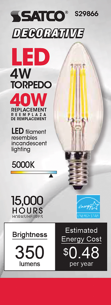 4 Watt B11 LED; Clear; Candelabra base; 5000K; 350 Lumens; 120 Volt