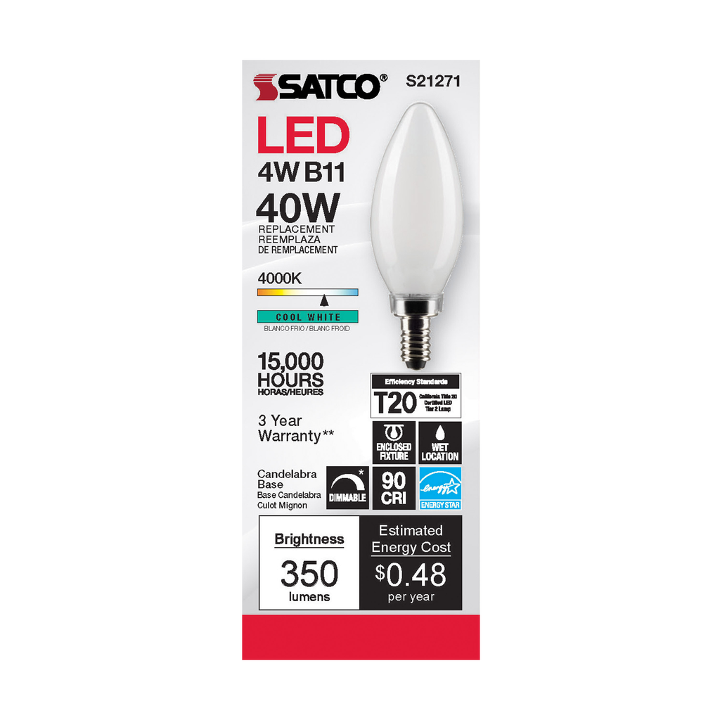 4 Watt B11 LED; Frost; Candelabra base; 90 CRI; 4000K; 120 Volt