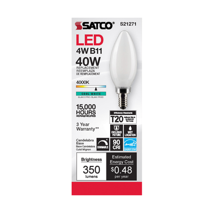 4 Watt B11 LED; Frost; Candelabra base; 90 CRI; 4000K; 120 Volt