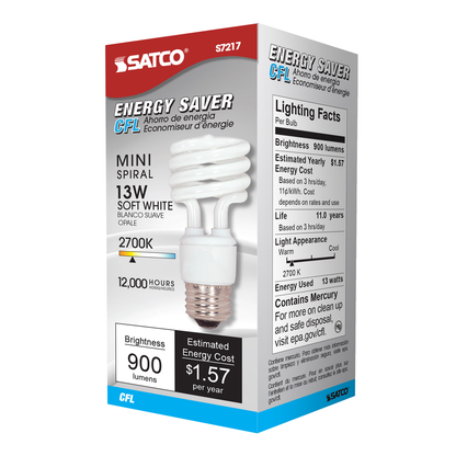 13 Watt; Mini Spiral Compact Fluorescent; 2700K; 82 CRI; Medium base; 120 Volt