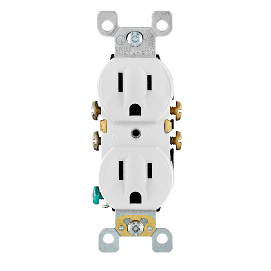 15 Amp Duplex Outlet/Receptacle, Self-Grounding, White