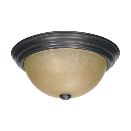 2 Light - 13" Flush with Champagne Linen Washed Glass - Mahogany Bronze Finish