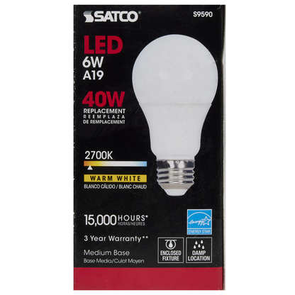 6 Watt; A19 LED; Frosted; 2700K Medium base; 220 deg. Beam Angle; 120 Volt; Non-Dimmable
