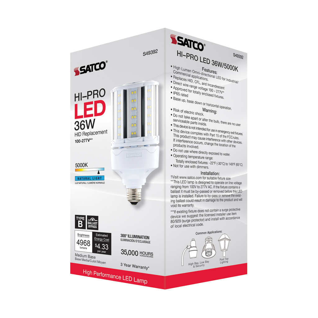 36 Watt LED HID Replacement; 80 CRI; 5000K; Type B; Ballast Bypass; Medium base; Economy Hi-Pro