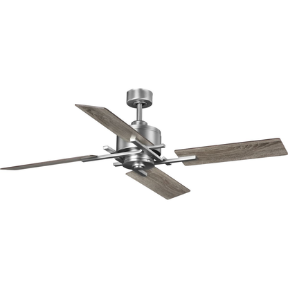 Antique nickel ceiling fan with rustic lattice-work like design.
