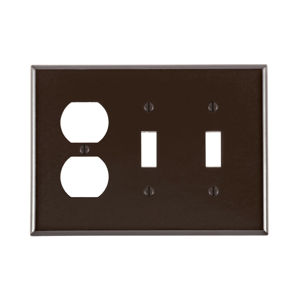 3-Gang Combination Wallplate 2-Toggle and 1-Duplex Outlet/Receptacle, Midway Size, Thermoset, Brown