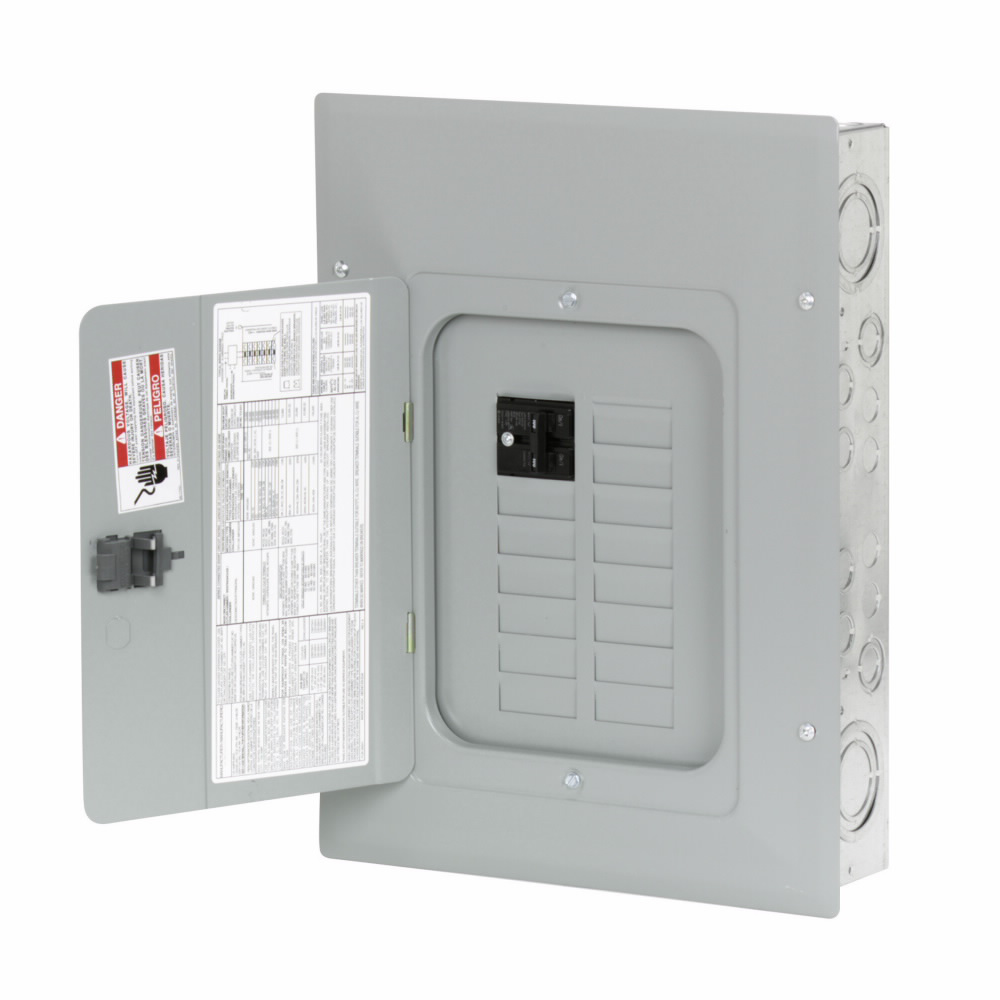 BR style 1-inch loadcenter, main circuit breaker, no feed-thru lugs, 100A, single-phase, 20-pole, 20 circuits, 12 spaces, 120/240V, #4-1/0 AWG Cu/Al at 60°C or 75°C wire, NEMA 1 enclosure, b2 box size