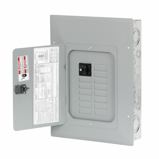 BR style 1-inch loadcenter, main circuit breaker, no feed-thru lugs, 100A, single-phase, 20-pole, 20 circuits, 12 spaces, 120/240V, #4-1/0 AWG Cu/Al at 60°C or 75°C wire, NEMA 1 enclosure, b2 box size