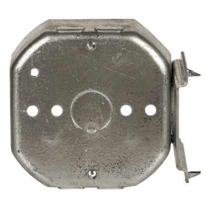 4 in. Octagon Box, Drawn, 1-1/2 in. Deep, Three 1/2 in. KO's & NMSC Clamps, J Bracket