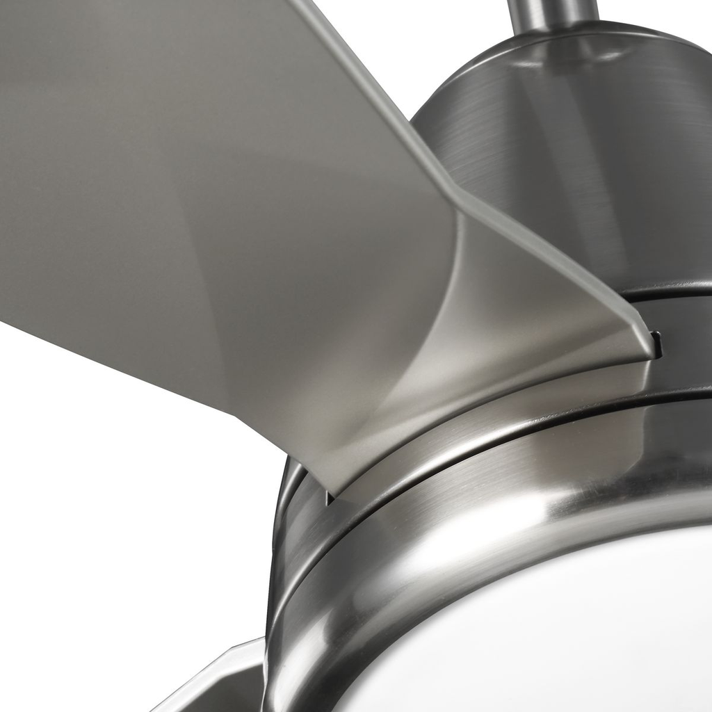 Brushed nickel-finished ceiling fan with white opal shade.