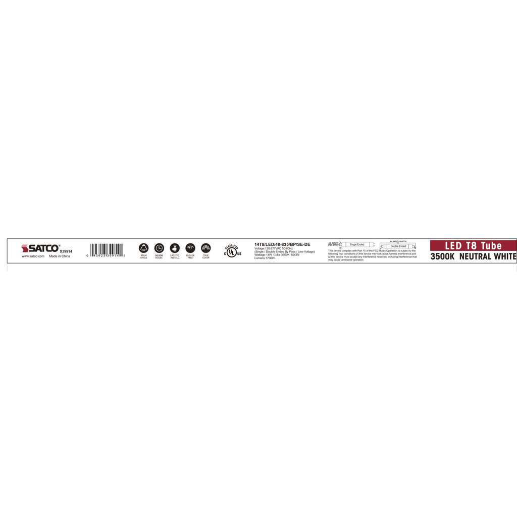 14 Watt T8 LED; 4Ft; 3500K; Medium Bi Pin base; 50000 Average rated hours; 1700 Lumens; Type B; Ballast Bypass; Single or Double Ended Wiring