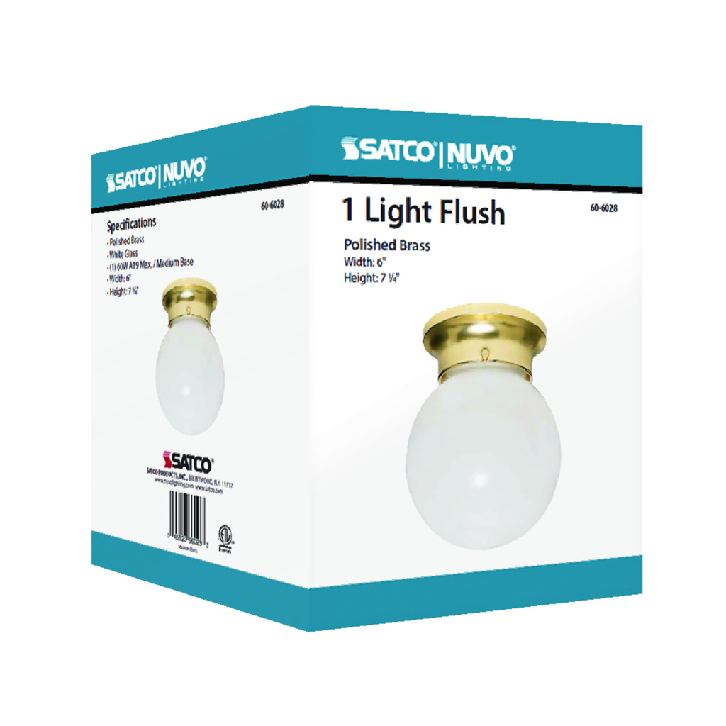 1 Light - 6" - Ceiling Fixture - White Ball, Color retail packaging