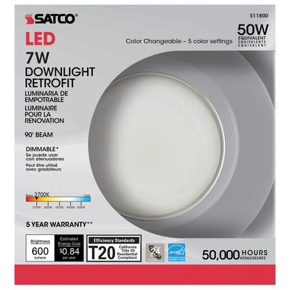 7 watt LED Downlight Retrofit; 4"; Adjustable Color Temperature; 120V; Dimmable
