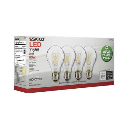7.5 Watt; A19 LED; Clear; 2700K; Medium base; 120 Volt; 4-Pack
