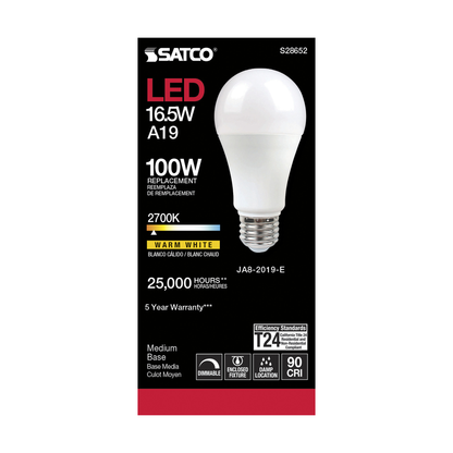 16.5 Watt; A19 LED; 90CRI; 2700K; Medium base; 220 deg. Beam Angle; 120 Volt; 1600 Lumens; CEC