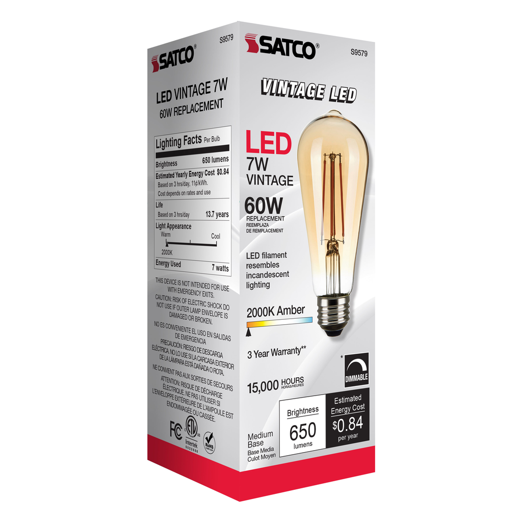 7 Watt ST19 LED; Transparent Amber; Medium base; 2000K; 650 Lumens; 120 Volt
