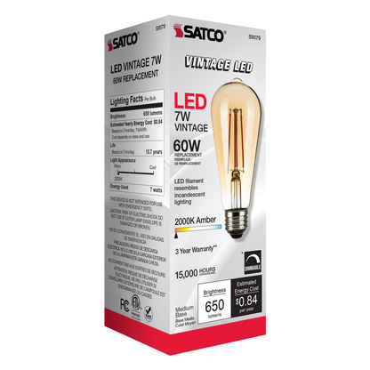 7 Watt ST19 LED; Transparent Amber; Medium base; 2000K; 650 Lumens; 120 Volt